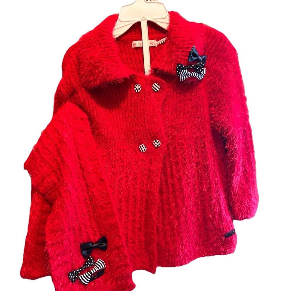 Deux Par Deux Sweater Girl's Mohair Blend Floral Knit Hat Scarf Red Sz 3